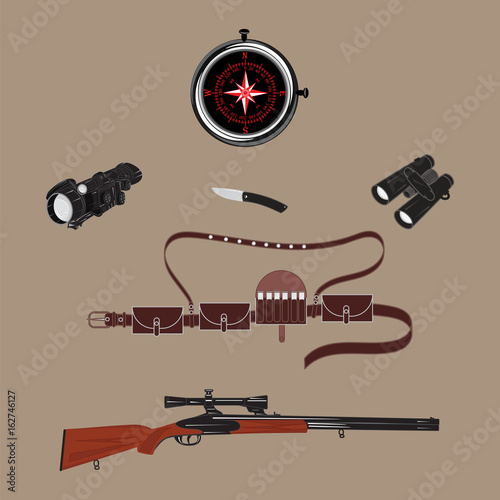 Hunting banner. Shotgun, night vision device, bandolier, knife, binoculars, compass - art creative modern vector illustration.