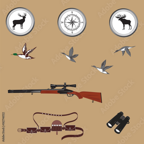 Hunting banner. Compass, gun with night vision device, emblems deer and moose, binoculars, bandolier - isolated on a light background - art creative modern vector illustration