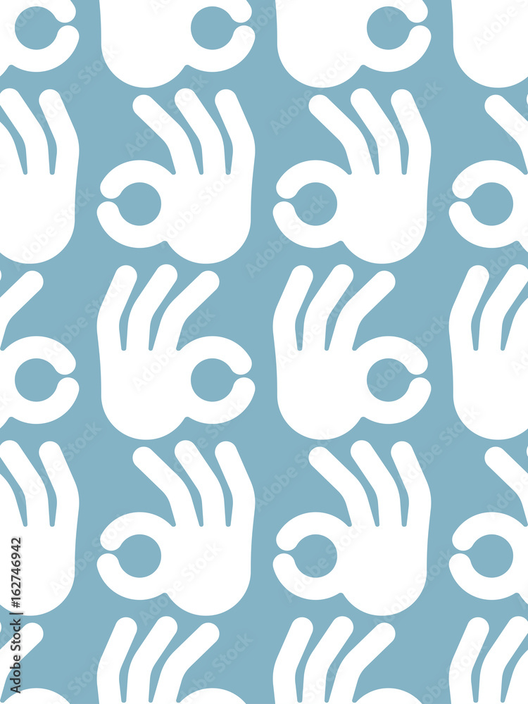 Okay hand sign seamless pattern. Positive consent symbol background