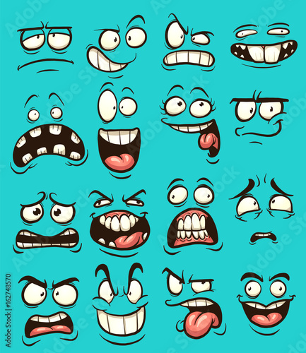 Funny cartoon faces with different expressions. Vector clip art illustration with simple gradients. Each on a separate layer.