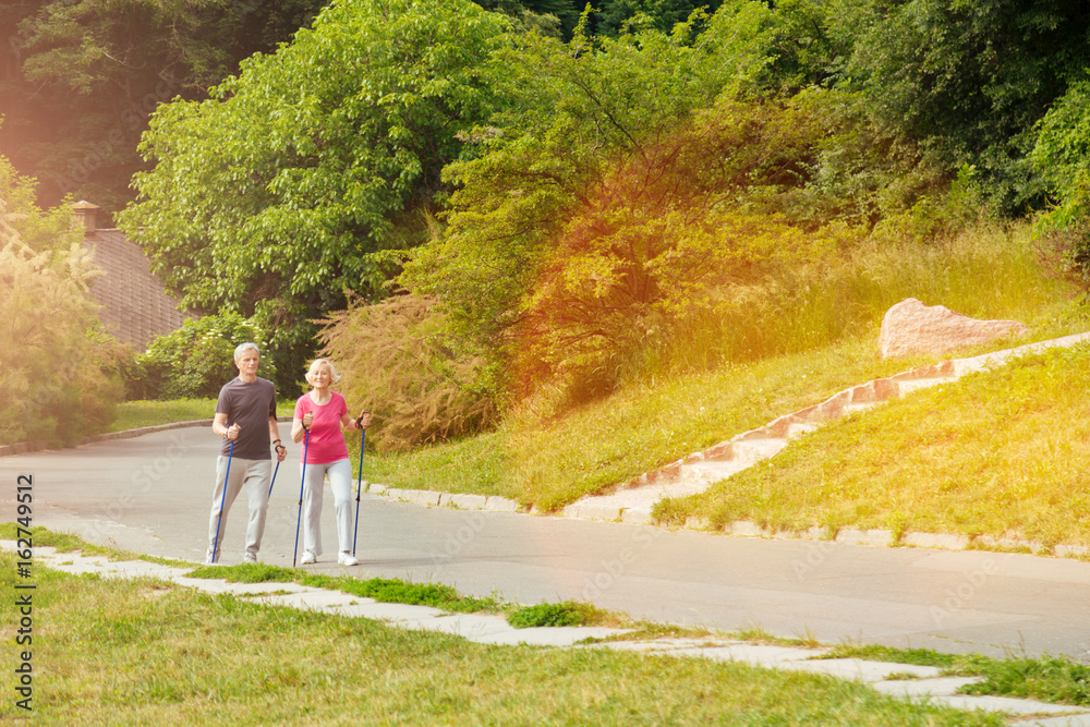 Active elderly couple enjoying Nordic walking