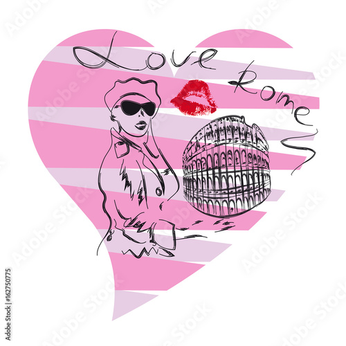 The girl in a beret, sunglasses and trenchcoat, retro style on a background of the Colosseum