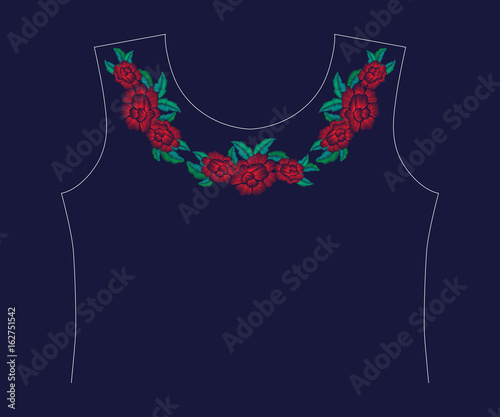 Neckline embroidery stitches with fpoppy flowers. Design for fashion wearing. Vector embroidered ornament.