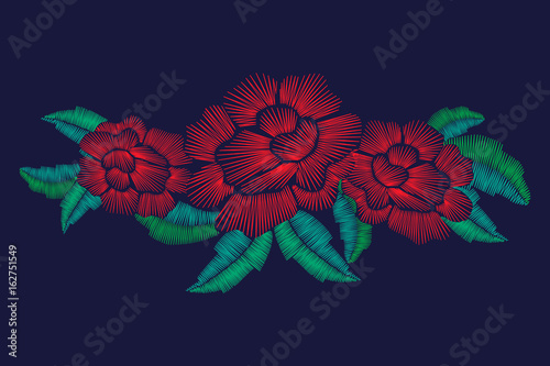 Rose embroidery stitches composition for fashion wearing. Vector design. 