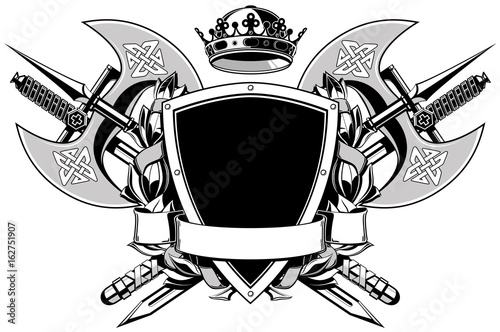 The black white coat of arms with swords, axes and crown