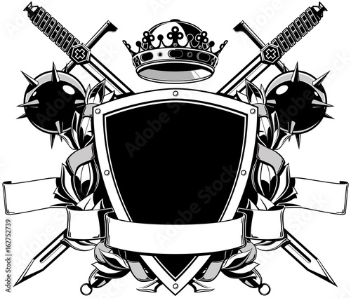 The black white coat of arms with swords, bulavs and crown