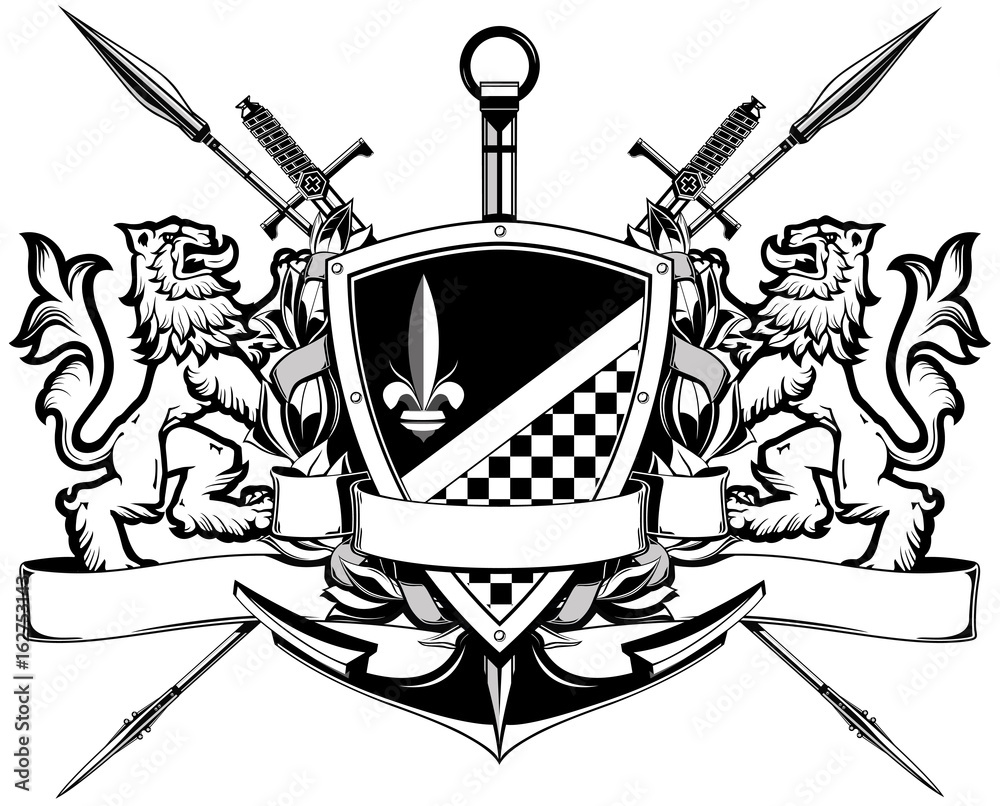 The black white coat of arms with lions, swords, spears and anchor ...