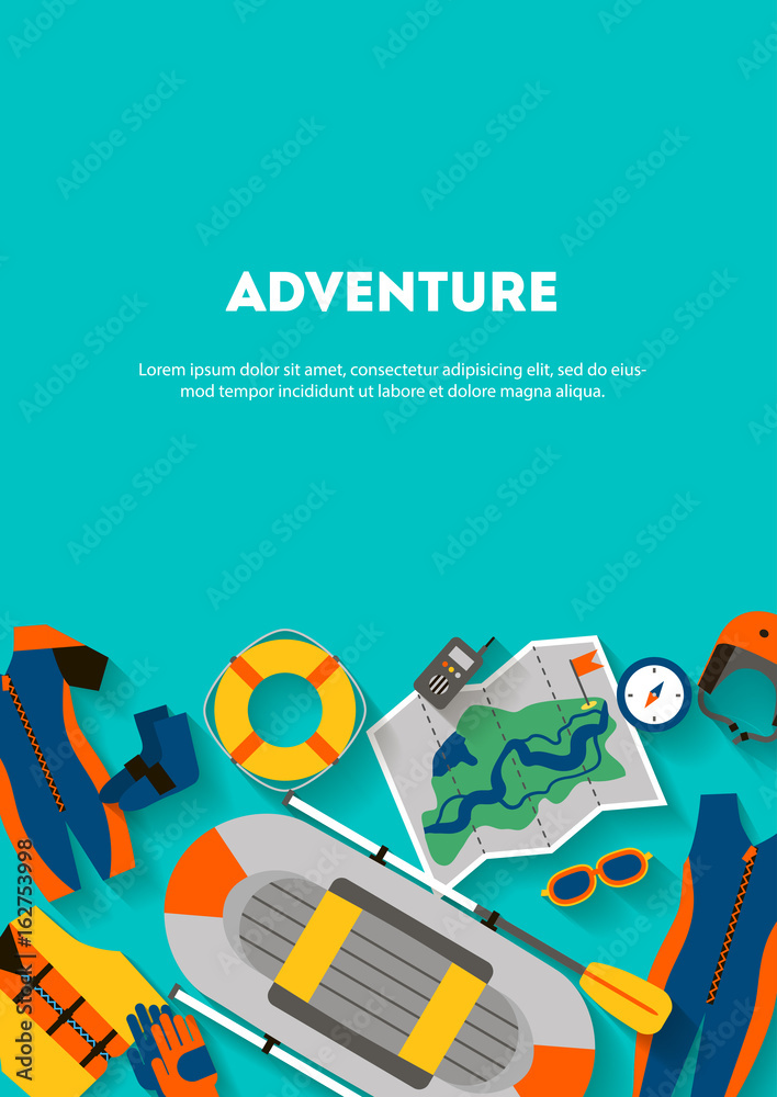 Vertical banner set equipment for sports and outdoor activities flat design with shadow. Boat, clothes, compass and map for rafting. For website, print and advertising, vector illustration