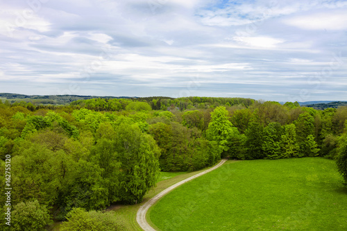 fly over park path meadow and forrest