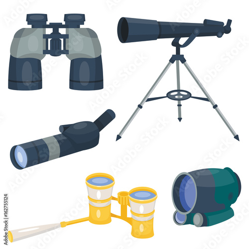 Professional camera lens binoculars glass look-see spyglass optics device camera digital focus optical equipment vector illustration