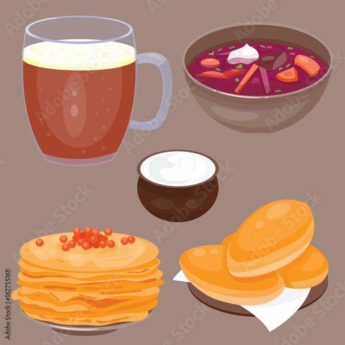 Traditional Russian cuisine culture dish course food welcome to Russia gourmet national meal vector illustration