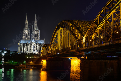 Night view over the Rhine river on the Dom church in Koln  Germany