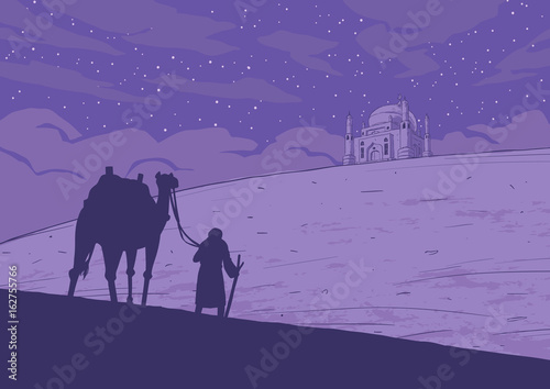 Man with camels and mosqe in the desert.  Vector illustration
