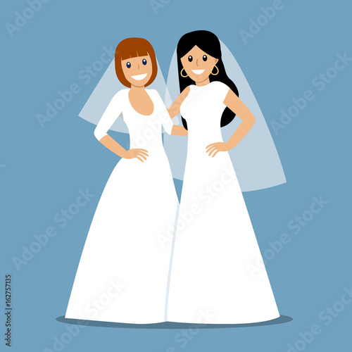 Two brides in white dresses. Gay wedding