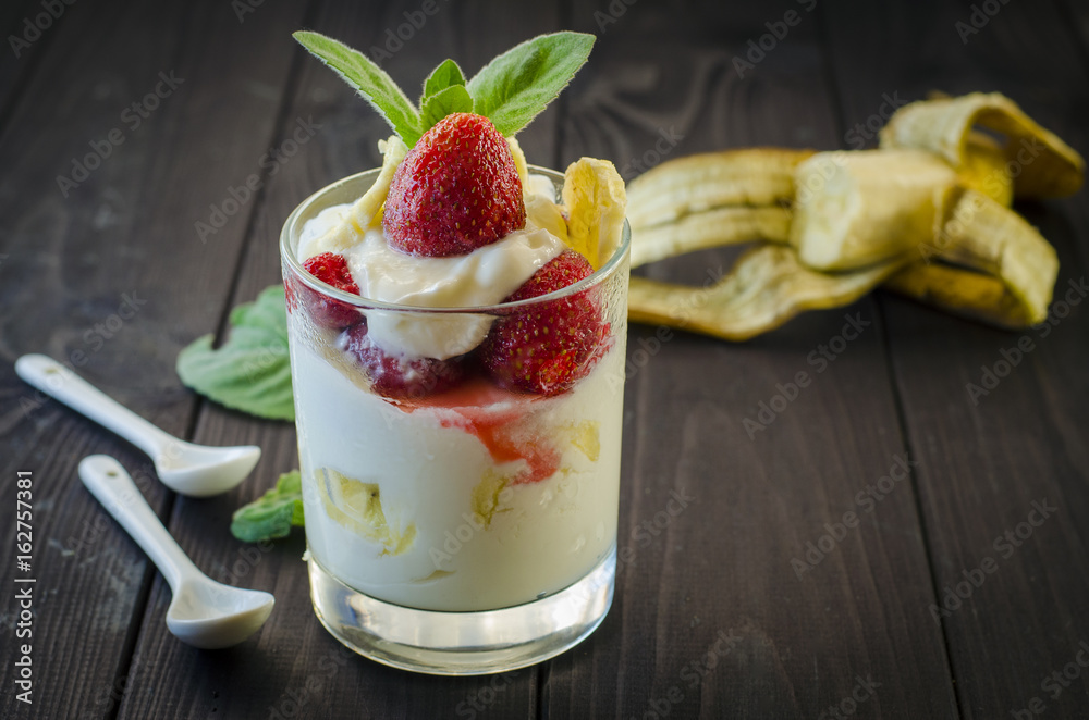 Dessert with strawberries and banana Dessert with strawberries and banana