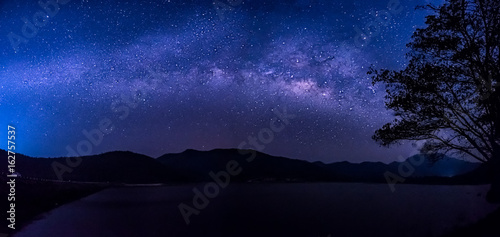 Stars and the milky way in the sky over the lake.