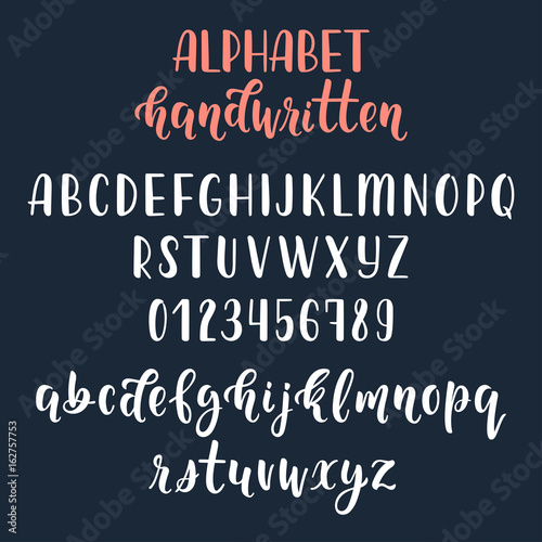 White handwritten latin calligraphy brush script with numbers and symbols. Calligraphic alphabet. Vector