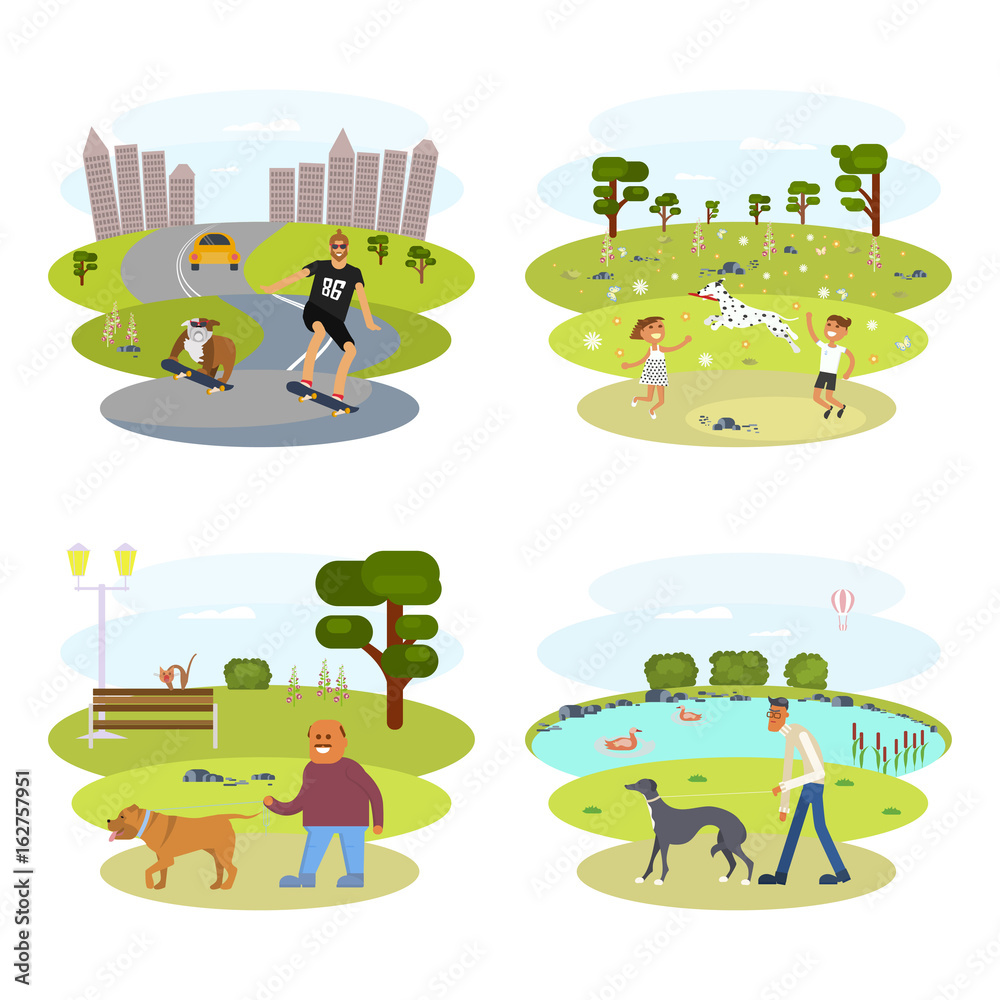 People with Dogs set. Flat Cartoon Character of pet and his owner. Colorful Vector Illustration eps 10