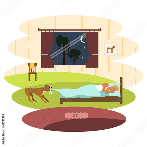 Man with Dog. Flat Cartoon Character of pet and his owner. Colorful Vector Illustration eps 10