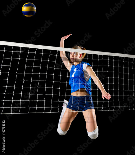 Young girl volleyball player isolated (ver with ball and net)