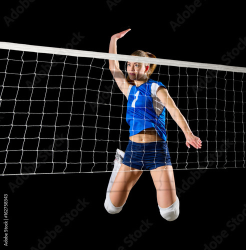 Young girl volleyball player isolated (version with net)