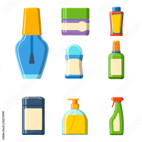 Bath plastic bottle shampoo container shower flat style illustration for bathroom vector hygiene design.