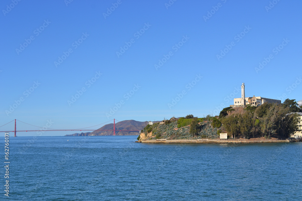 View of Golden Gate bridge and Alcatraz island in the San Francisco Bay