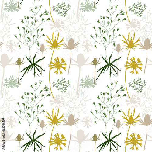 Floral vector seamless pattern with cornflowers, thistles and grasses.