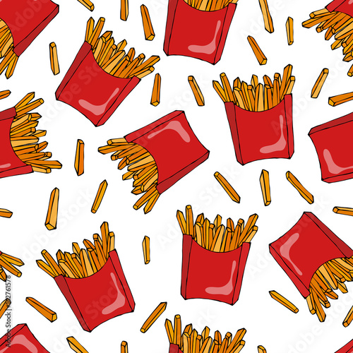 Crispy french fries seamless pattern with red paper boxes of fried potato. Vector Illustration Isolated On a White Background. Realistic Hand Drawn Doodle Style Sketch.
