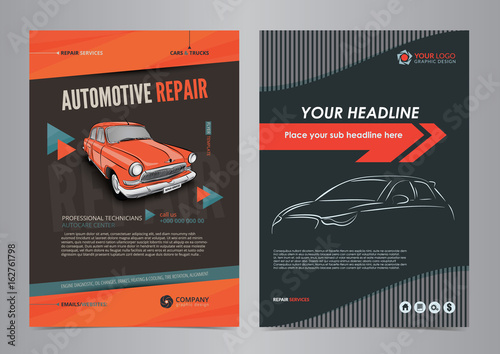 Auto Services Business Flyer layout templates, automotive repair magazine cover, car repair shop brochure, mockup flyer. Vector illustration. photo
