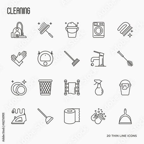 Set of cleaning service thin line icons: iron, washer, robot vacuum cleaner, brushes and other accessories for household. Vector illustration.