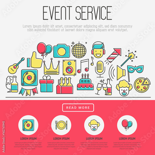 Event agency concept, organization of birthday party, catering service banner with thin line icons of clown, birthday cake, balloon decoration, DJ, food and beverages. Vector illustration.