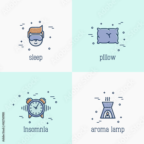 Insomnia and sleep thin line icons:. Man in sleeping mask, comfortable pillow, alarm and aroma lamp. Vector illustration.