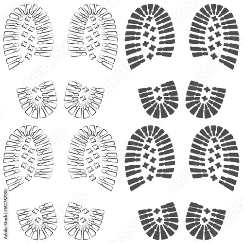 Set of two seamless patterns with a footprint of shoes. Vector illustration.