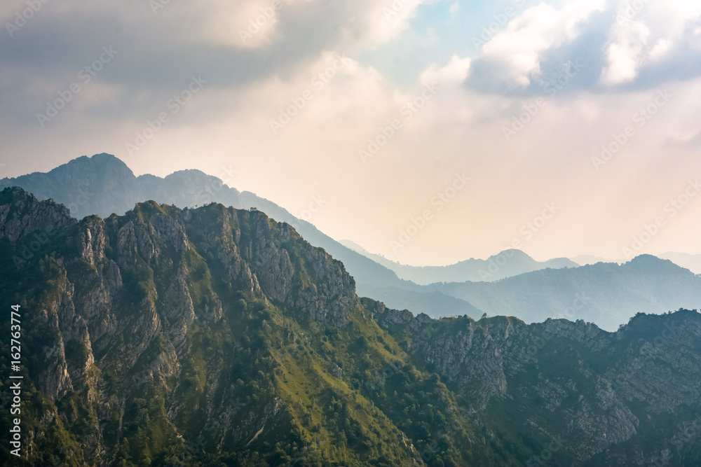 View of mountain ridge from Piani D'erna, Lecco, Italy