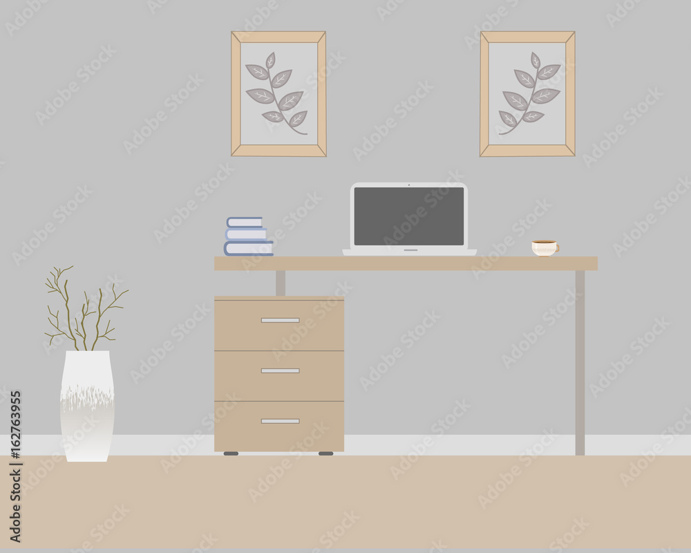 Office in loft style on a gray background. Vector illustration. Table with drawers,decorative branches in a beautiful vase floor, cute paintings. Cup with coffee, laptop, books Office in loft style on a gray background. Vector illustration. Table with drawers,decorative branches in a beautiful vase floor, cute paintings. Cup with coffee, laptop, books