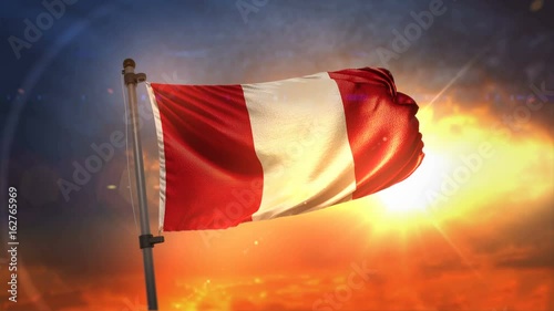 Peru Flag Backlit At Beautiful Sunrise Loop Slow Motion 4K