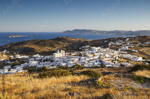 Chora village on Kimolos and Milos island in the distance. 