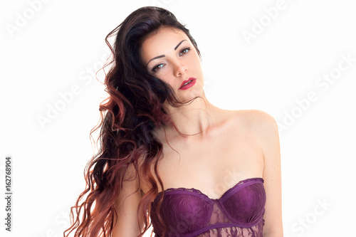 close-up portrait of a beautiful young girl in Bra with long black hair