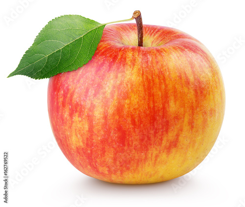 Single ripe red yellow apple fruit with green leaf isolated on white background with clipping path