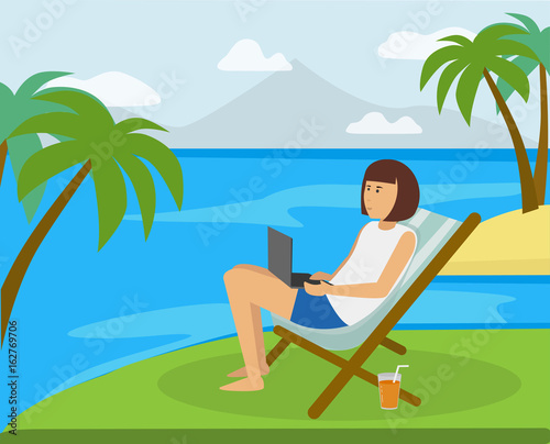 Happy girl working on the beach on the computer in the ideal paradise like island location. Work anywhere you like concept illustration vector.