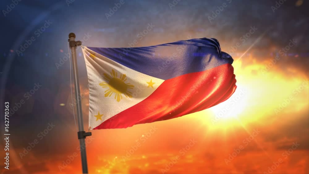 Philippines Flag Backlit At Beautiful Sunrise Loop Slow Motion 4K