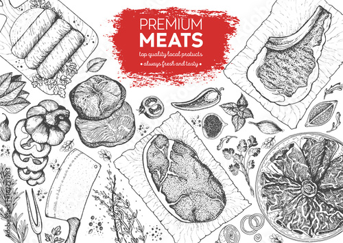 Meats and sausages top view frame. Vector illustration. Engraved design. Hand drawn illustration. Meat products design template.
