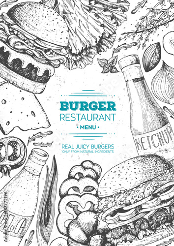 Burgers and ingredients for burgers vector illustration. Fast food, junk food frame. American food. Elements for burgers restaurant menu design. Engraved image, retro style.
