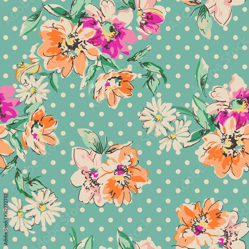 retro hand drawn flowers over polka dot background - seamless background