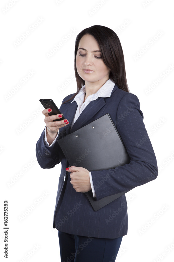 Young woman with phone in hands. While holding a resume folder in search of work Young woman with phone in hands. While holding a resume folder in search of work