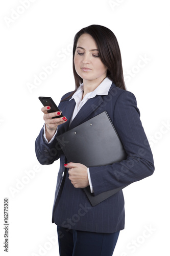 Young woman with phone in hands. While holding a resume folder in search of work