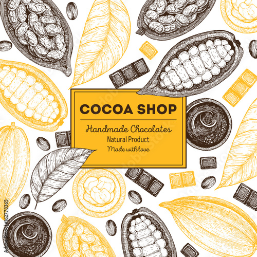 Card design template with cocoa beans. Vintage vector illustration