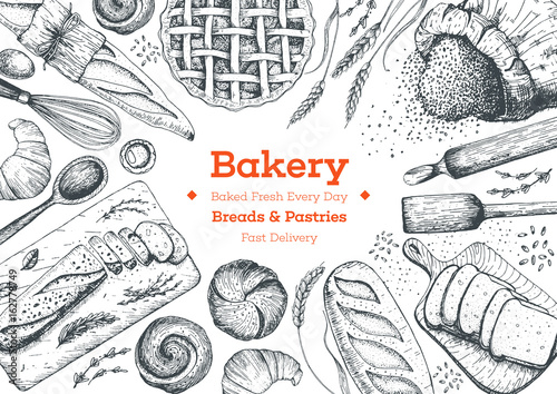 Bakery top view frame. Background template for design. Engraved food image.