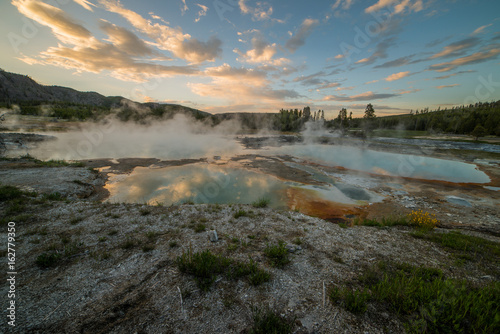 Boiling Biscuit Basin in Yellowstone National Park, Wyoming During Sunset